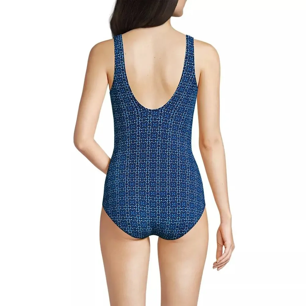 Lands End Tugless Low Leg One Piece Swimsuit 8L Navy Mosaic Mini Tile UPF50  NWT - Picture 4 of 13